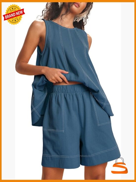 Other - Casual 2 Piece Lounge Set Sleeveless Tank Top with Elastic Waist Shorts